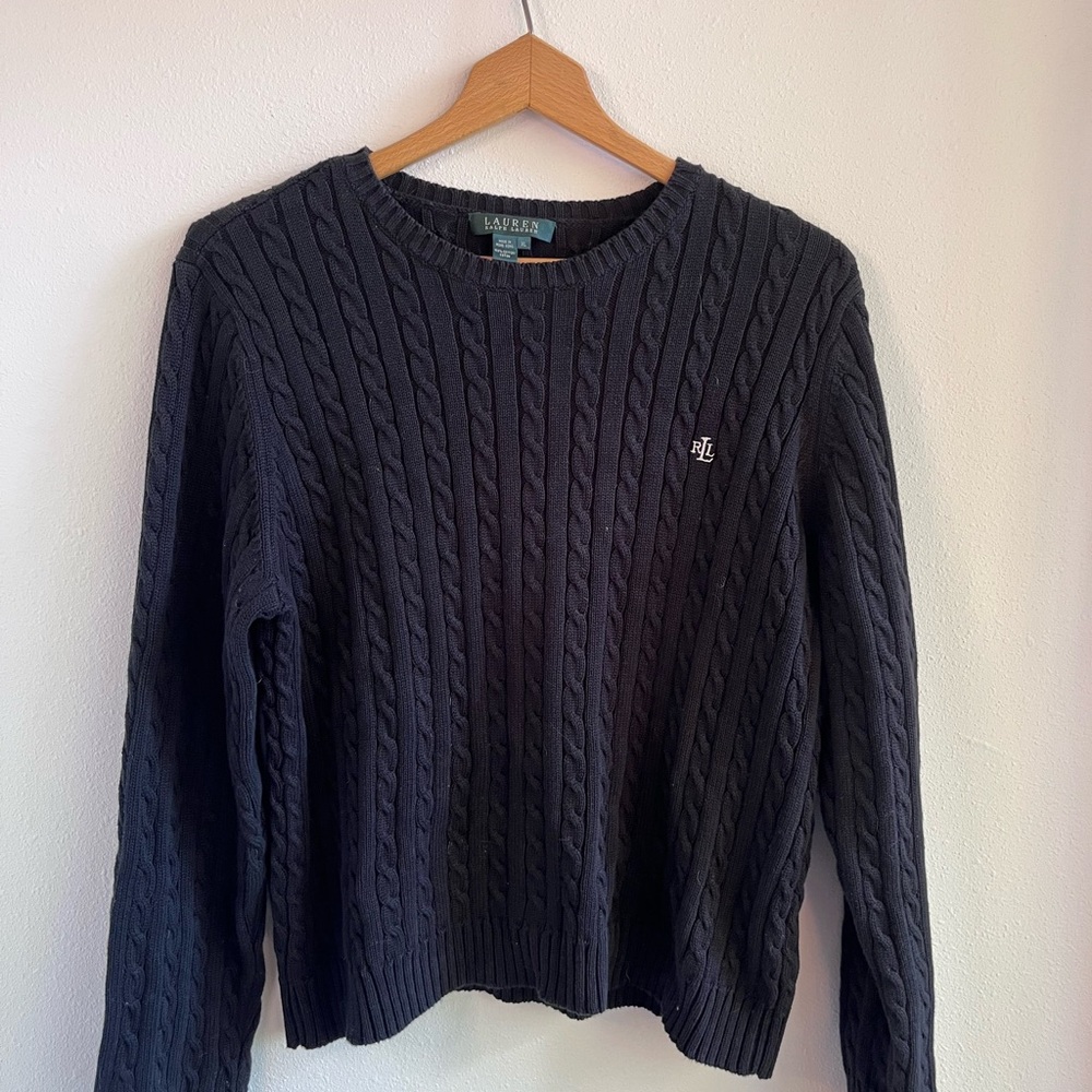 Lauren Ralph Lauren Women's Black Cable Knit Sweater Size XL Long Sleeve Cotton